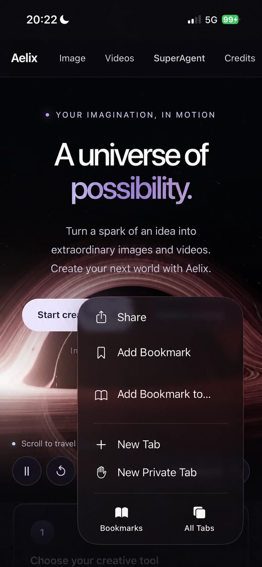 Safari’s open menu over Aelix, with the Share action highlighted in pink.