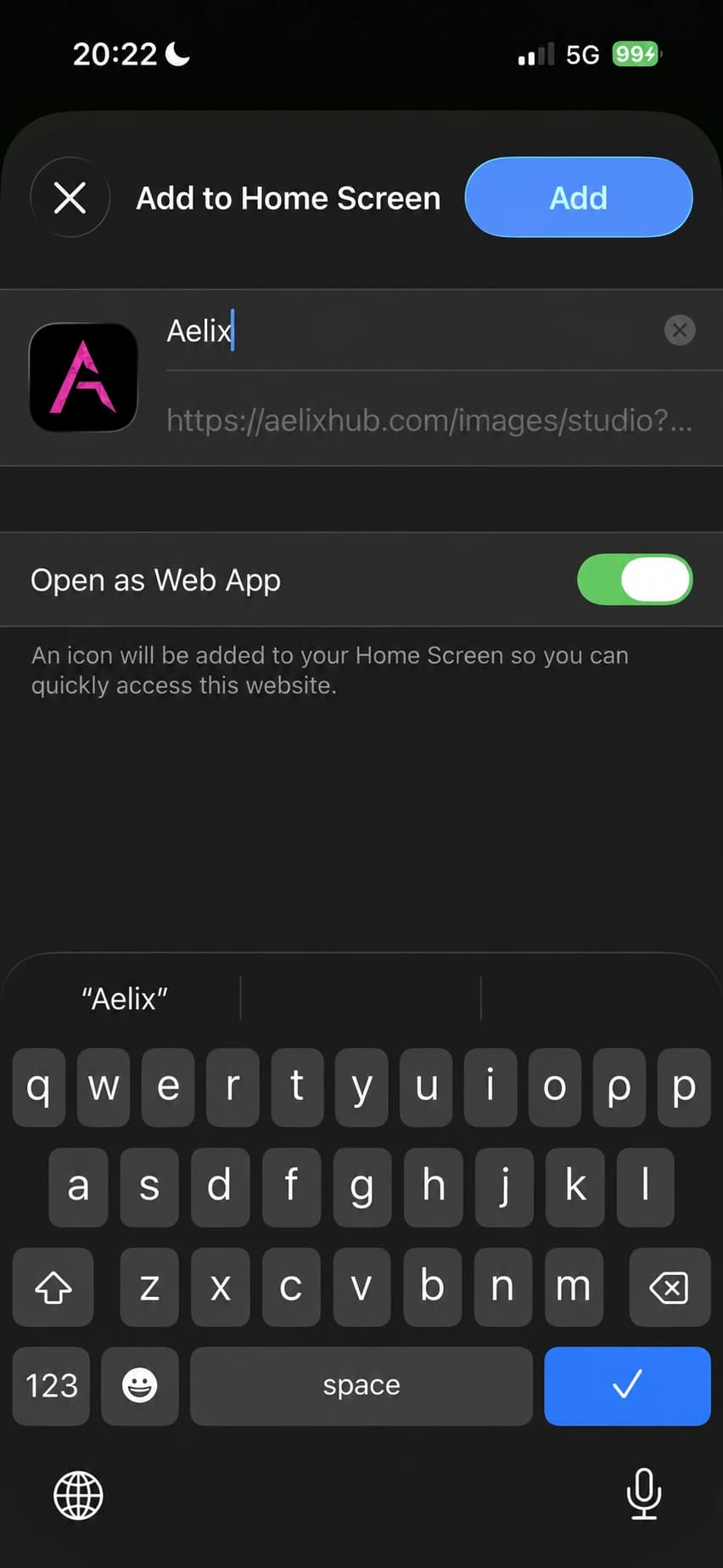 The Add to Home Screen confirmation with the enabled Open as Web App switch and Add button highlighted.